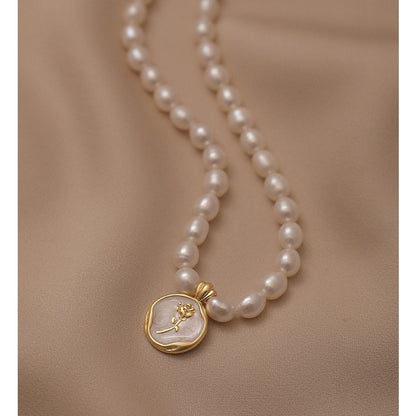 French Rose Vintage Sterling Silver Natural Pearl Necklace