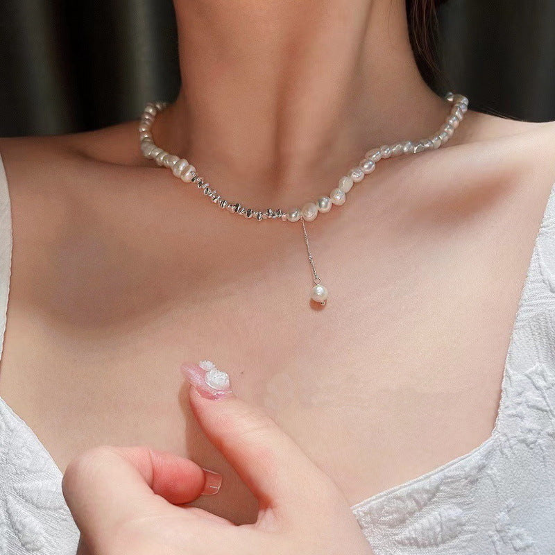 Natural Baroque Pearl Triangle Shredded Silver Necklace