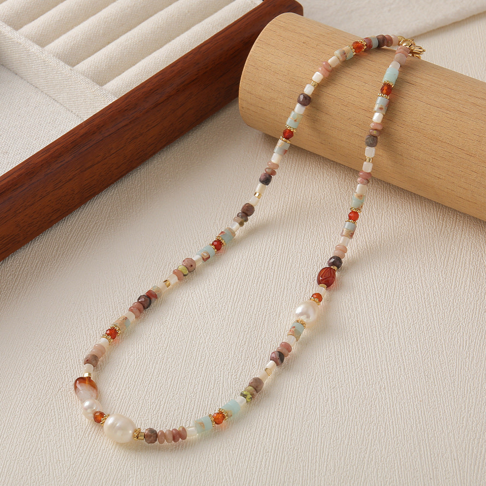 Natural Pearl Agate Retro Beaded Necklace