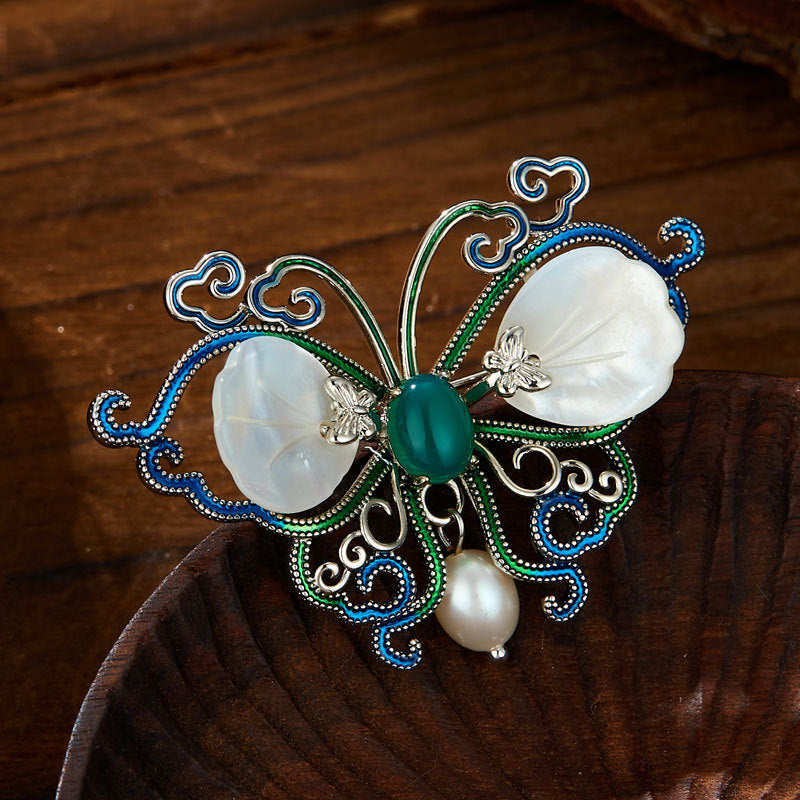 Natural Pearl Green Chalcedony Butterfly Design Brooch