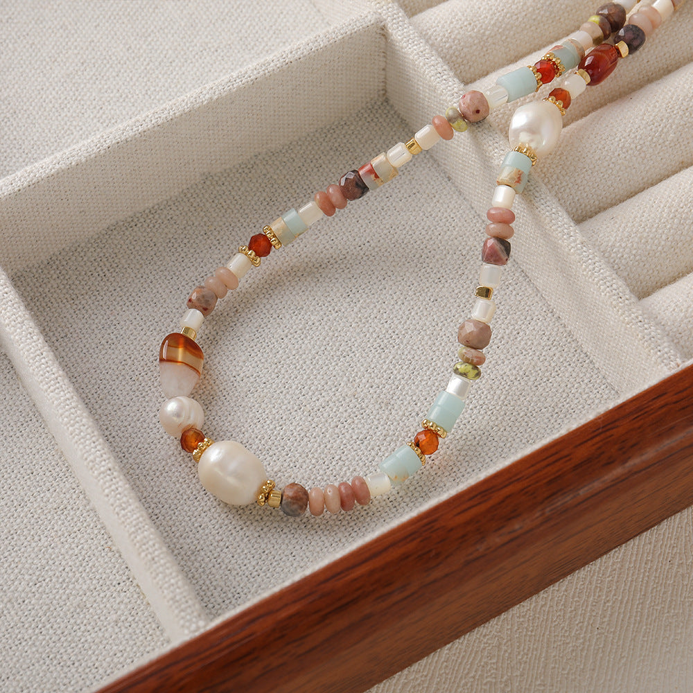 Natural Pearl Agate Retro Beaded Necklace