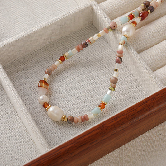 Natural Pearl Agate Retro Beaded Necklace