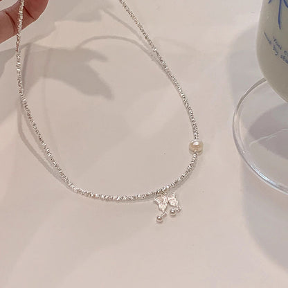 Butterfly Broken Silver Design Pearl Necklace
