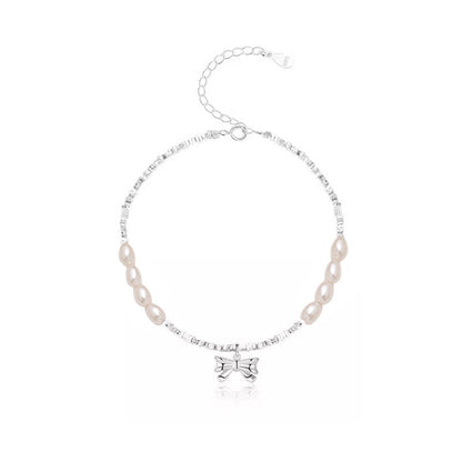 Bow Shredded Silver Natural Pearl Bracelet
