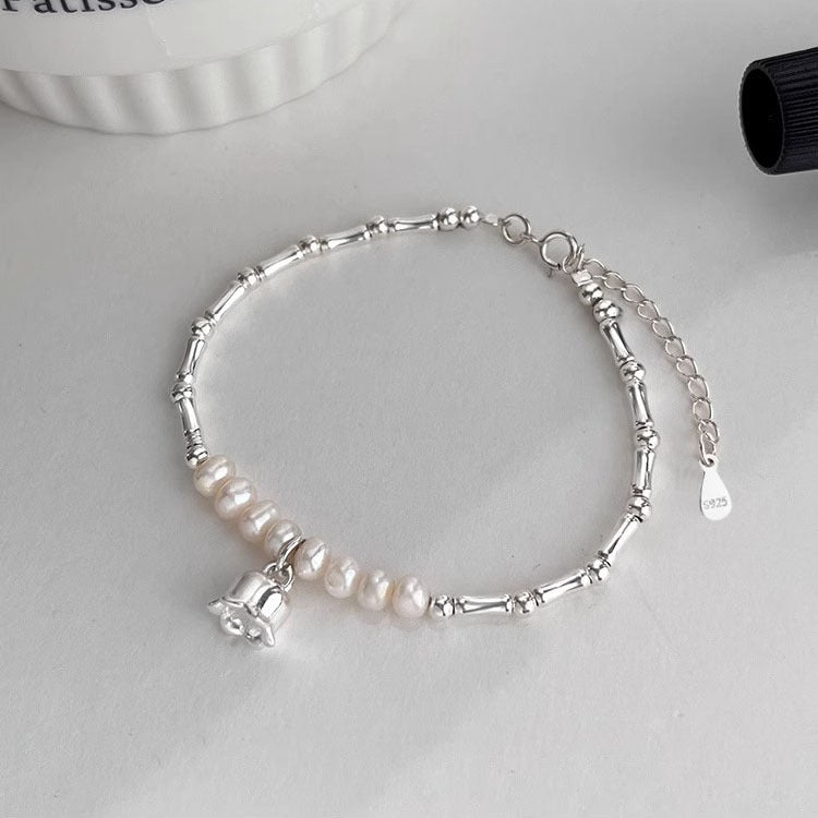 Sterling Silver Pearl Lily of the Valley Design Bracelet