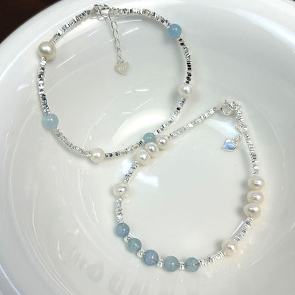 Natural Aquamarine Freshwater Pearl Shredded Silver Bracelet