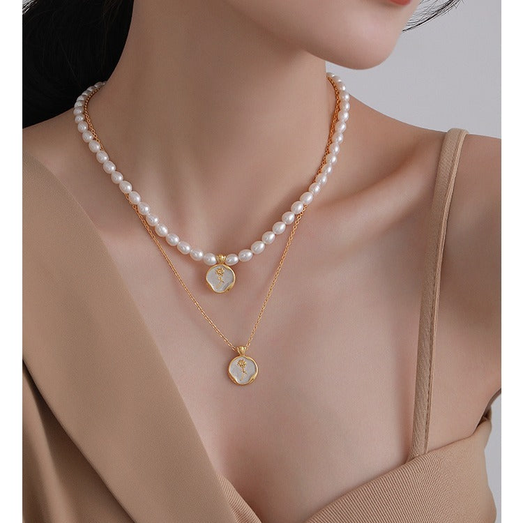 French Rose Vintage Sterling Silver Natural Pearl Necklace