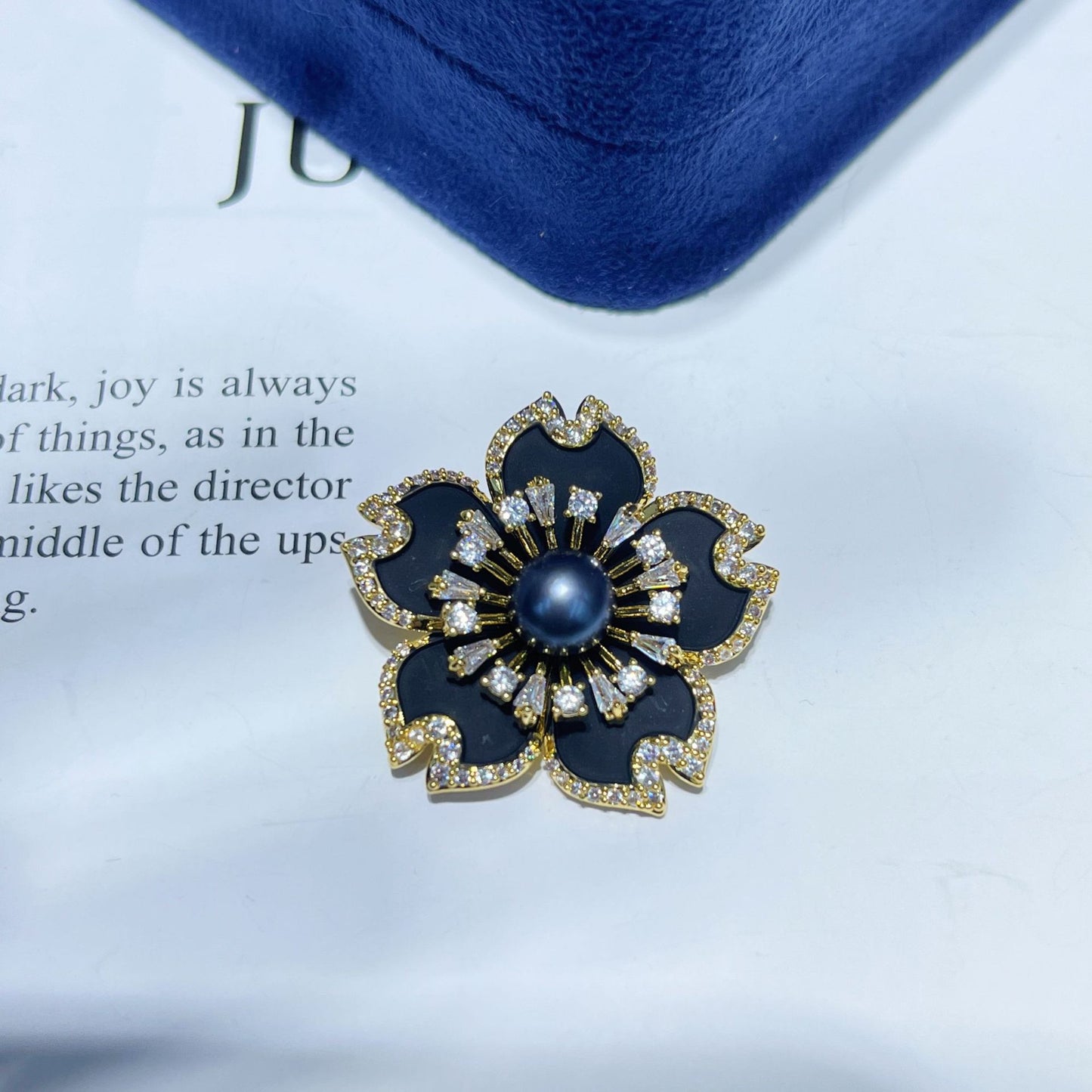 Enamel Black Tea Flower Natural Pearl Brooch