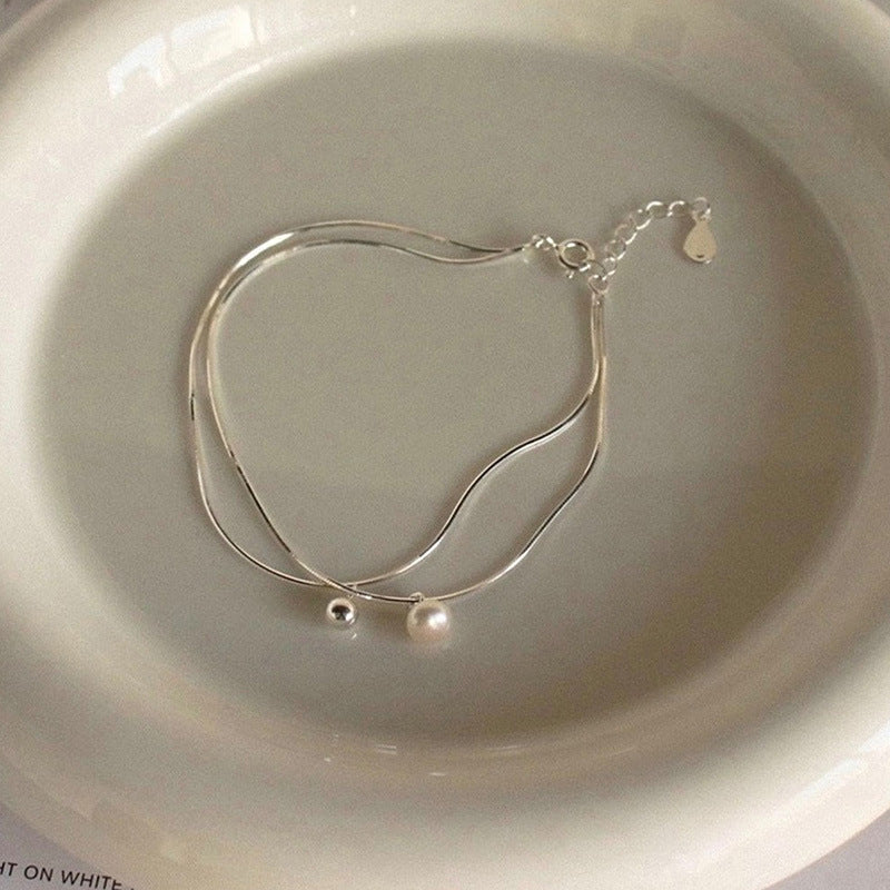 Natural Pearl Ball Double Layer Minimalist Design Silver Bracelet