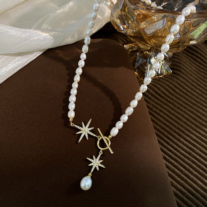 Natural pearl octagram OT buckle necklace