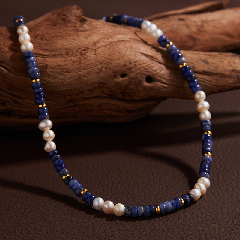 Sterling Silver Natural Freshwater Pearl Blue Pattern Colored Treasure Necklace Bracelet