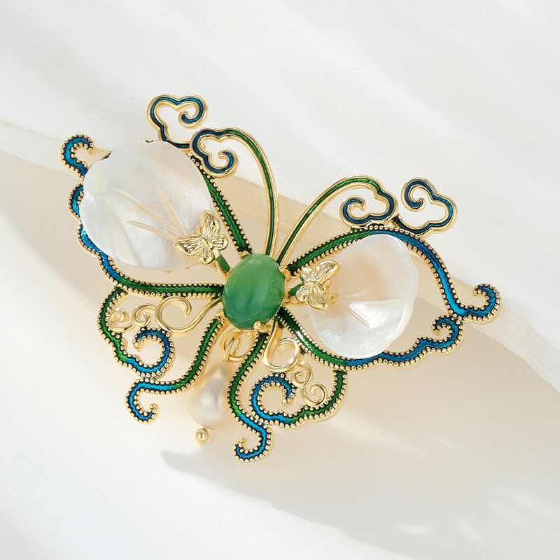 Natural Pearl Green Chalcedony Butterfly Design Brooch