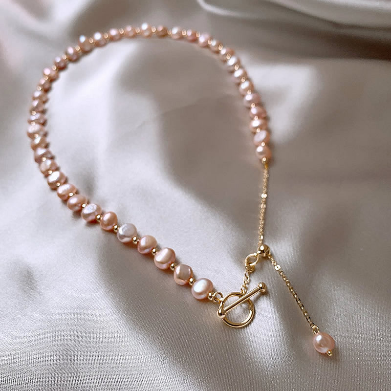 Baroque freshwater powder pearl OT buckle neck chain