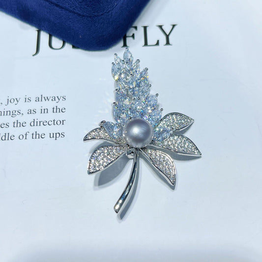 Wheat ears two-color leaf natural pearl brooch