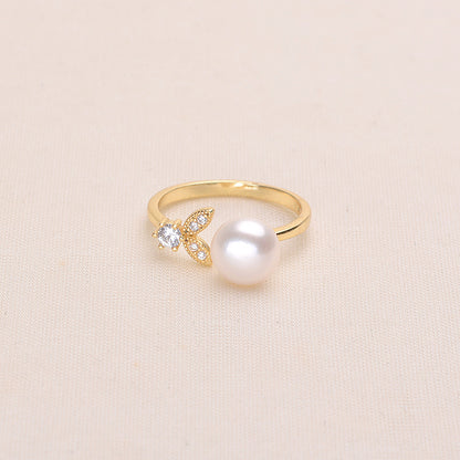 Leaf inlaid design pearl ring