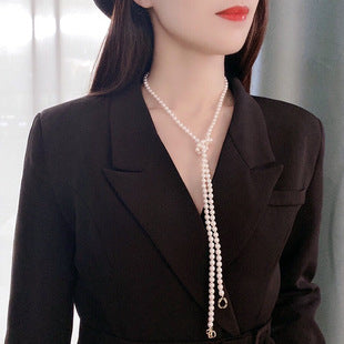 French retro natural freshwater millet bead sweater chain