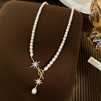 Natural pearl octagram OT buckle necklace