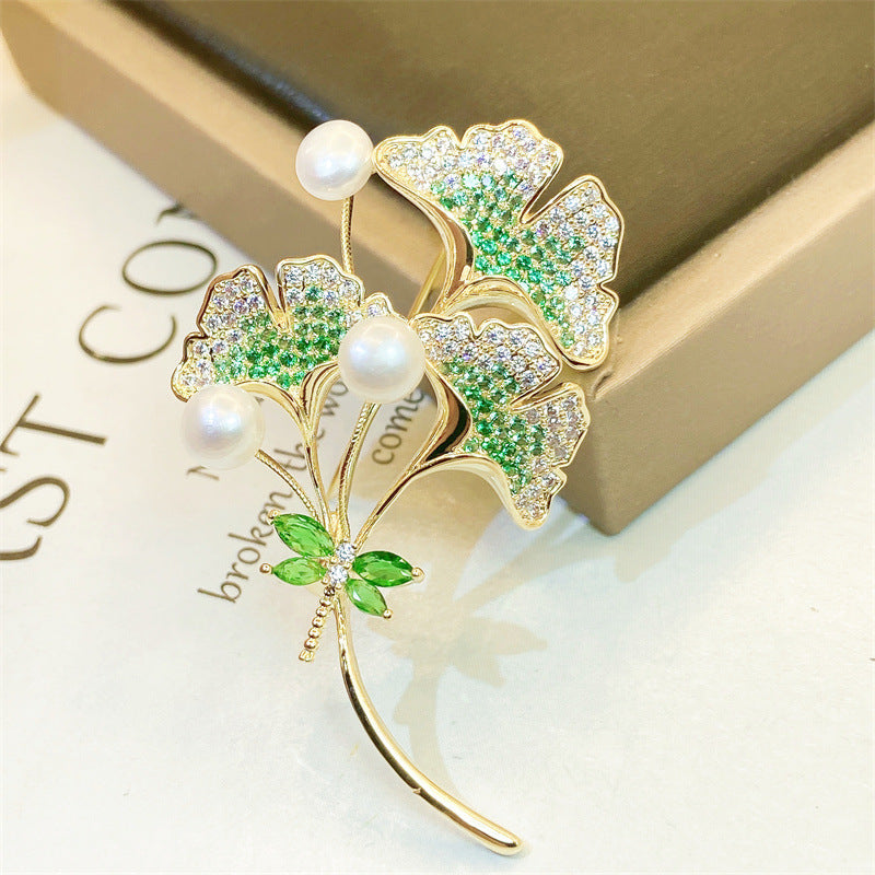 Natural Pearl Ginkgo Biloba Design Brooch