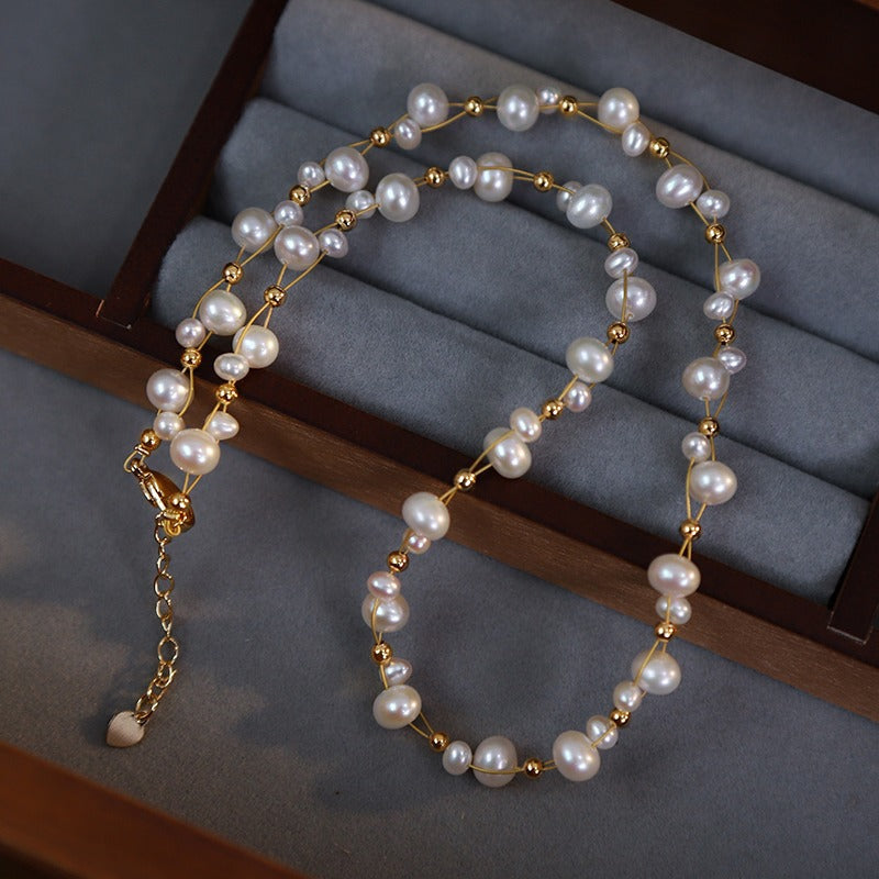 Small gold beads retro court style pearl necklace