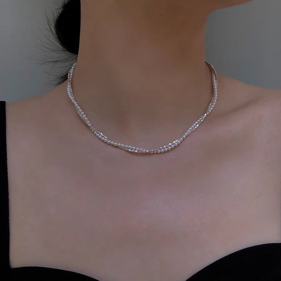 Sterling silver natural rice pearl double-layer winding broken silver simple fashion collarbone chain