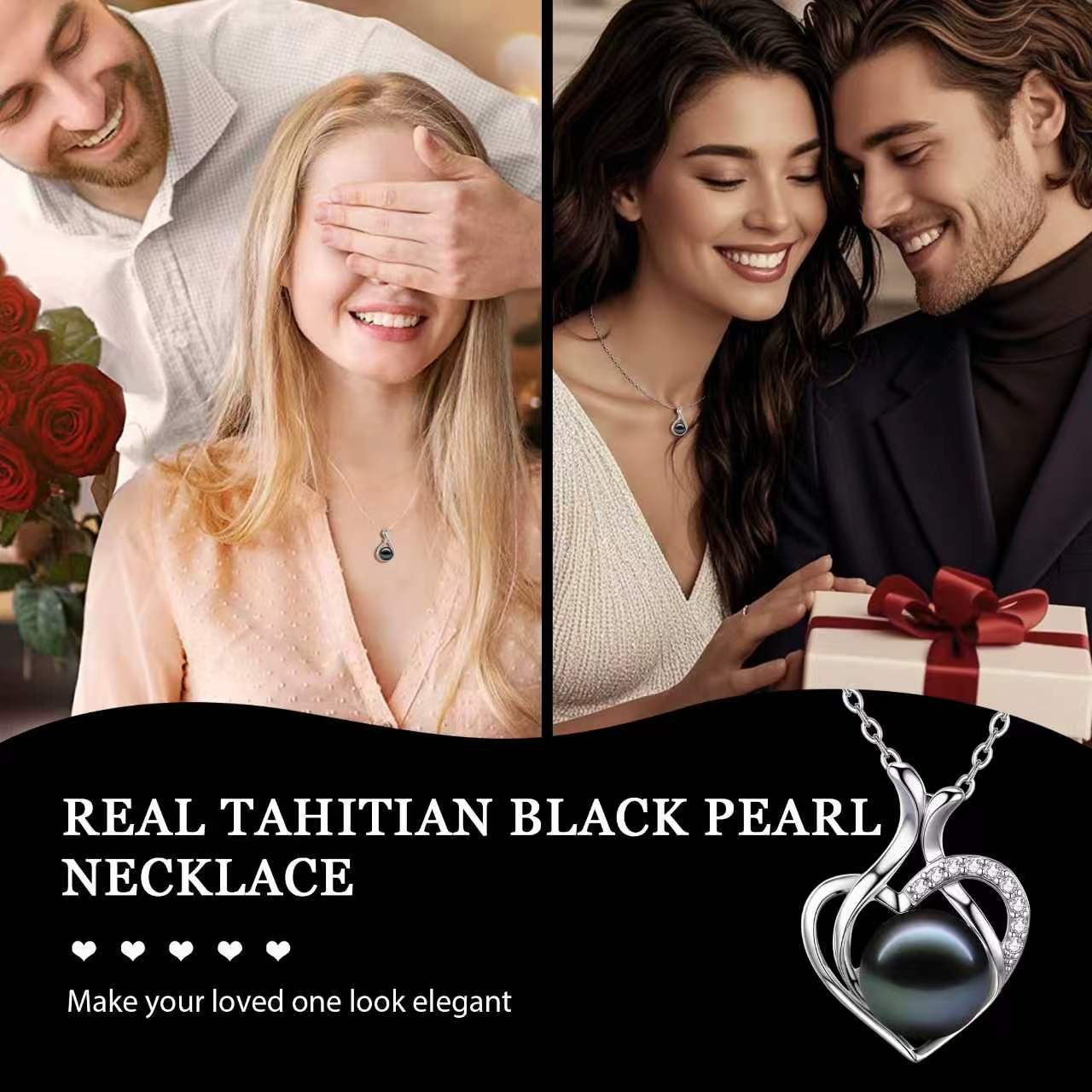 LOPHELIA  Heart Shaped Tahitian Black Pearl Pendant, Real Pearl Necklace with Rose Gift Box, Dainty Jewelry Gift for Mom, Women and Wife