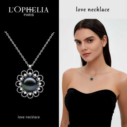 LOPHELIA Tahitian Black Pearl Floral Necklace – 10-11mm 5A Genuine Tahitian Pearl Pendant in Sterling Silver