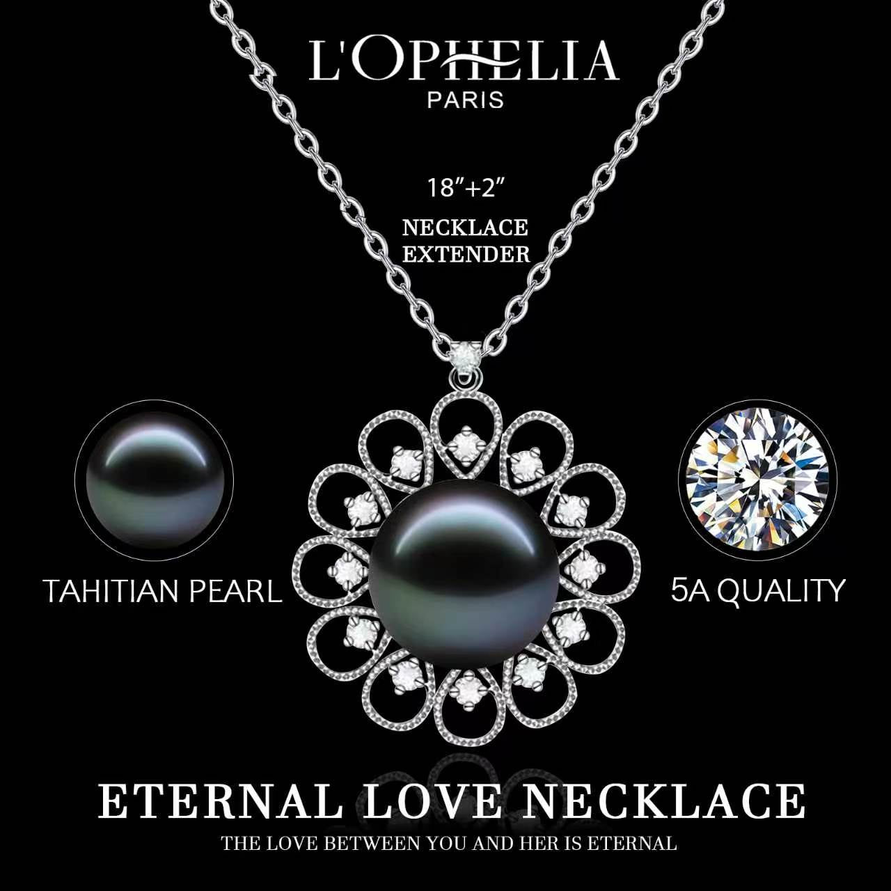 LOPHELIA Tahitian Black Pearl Floral Necklace – 10-11mm 5A Genuine Tahitian Pearl Pendant in Sterling Silver