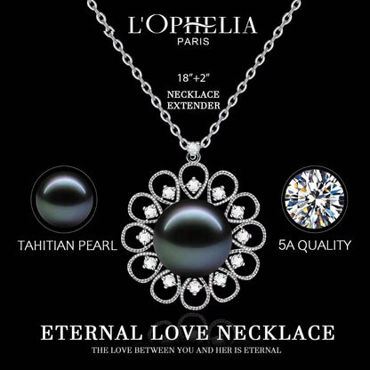 LOPHELIA Tahitian Black Pearl Floral Necklace – 10-11mm 5A Genuine Tahitian Pearl Pendant in Sterling Silver