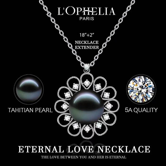 LOPHELIA Tahitian Black Pearl Floral Necklace – 10-11mm 5A Genuine Tahitian Pearl Pendant in Sterling Silver