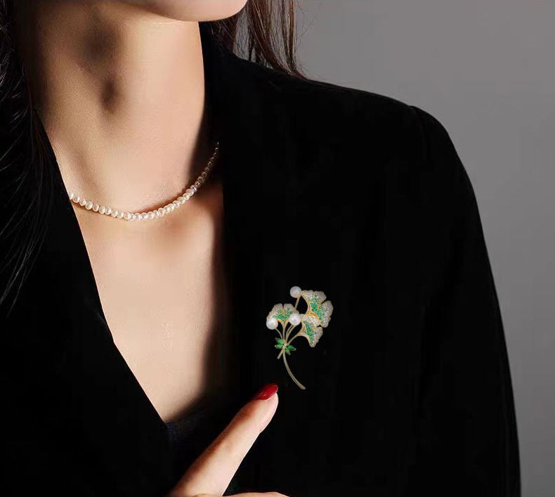 Natural Pearl Ginkgo Biloba Design Brooch