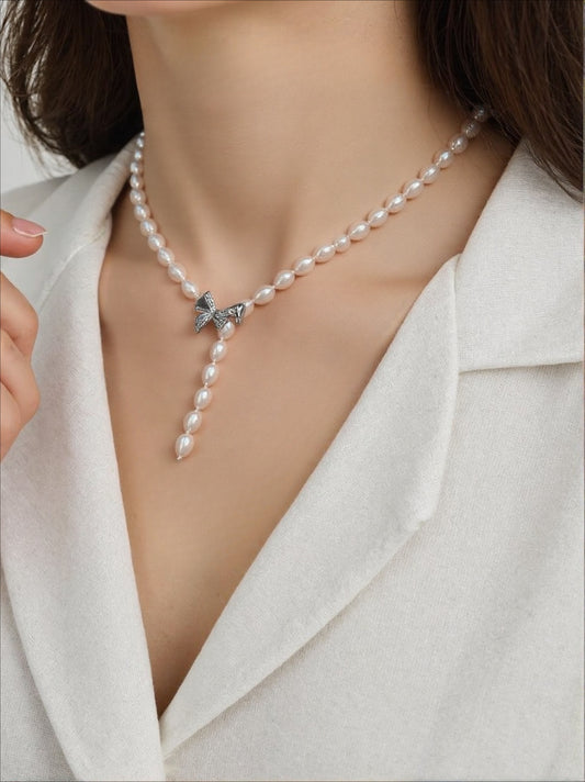 Bow Neck Chain Sweater Chain Natural Freshwater Pearl Necklace