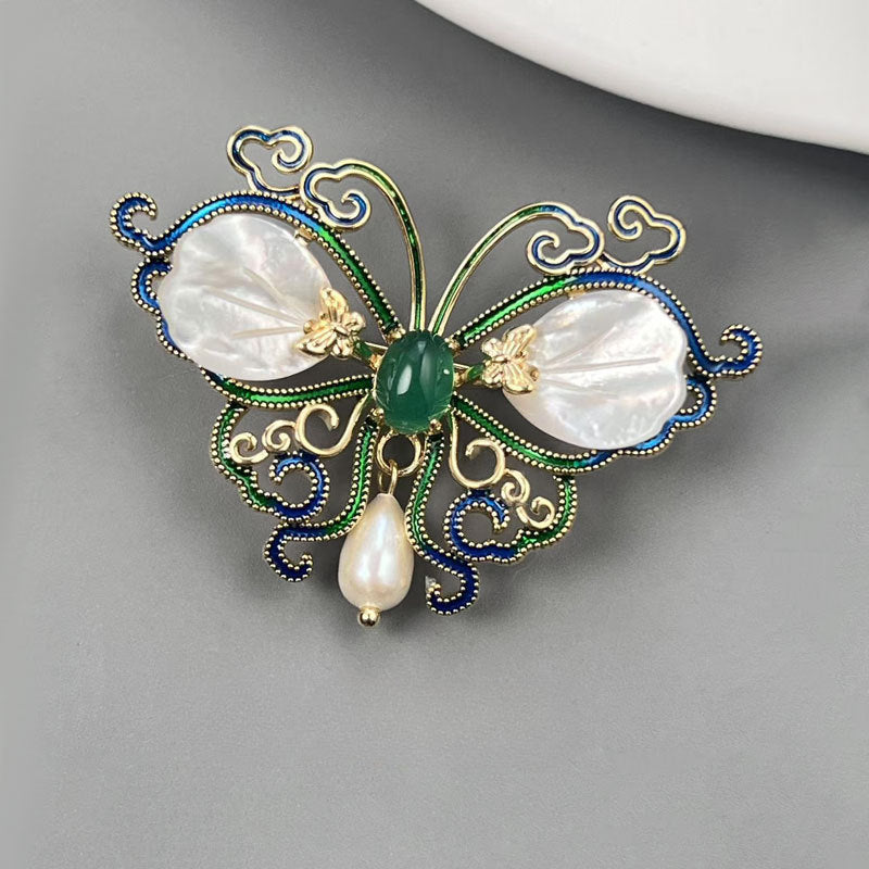 Natural Pearl Green Chalcedony Butterfly Design Brooch